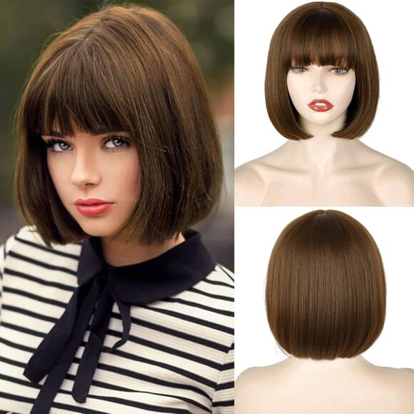 Short Brown Bob Wig with Bangs10 inch Brown Straight Bob Wig for Women Heat Res
